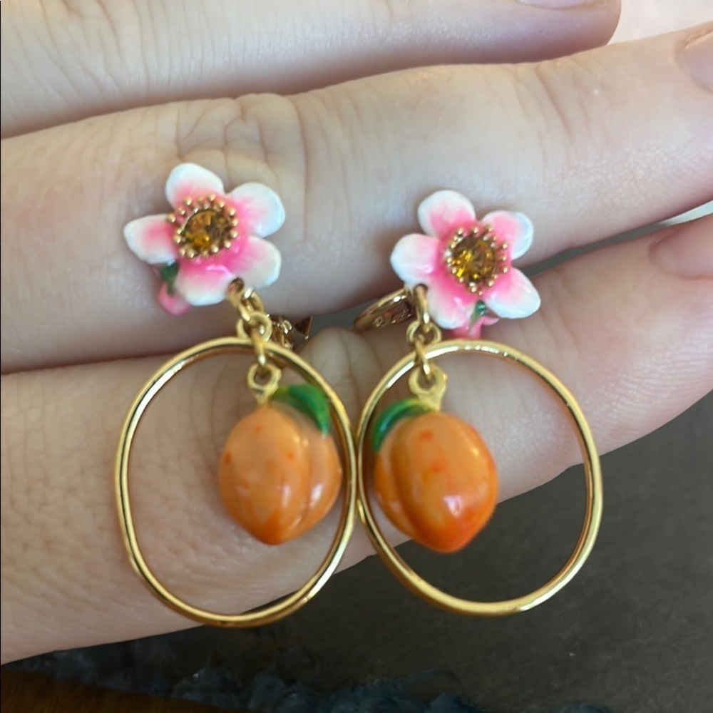 Les Néréides Peach Blossom Hoop Earrings Hand Painted Enamel Fruit